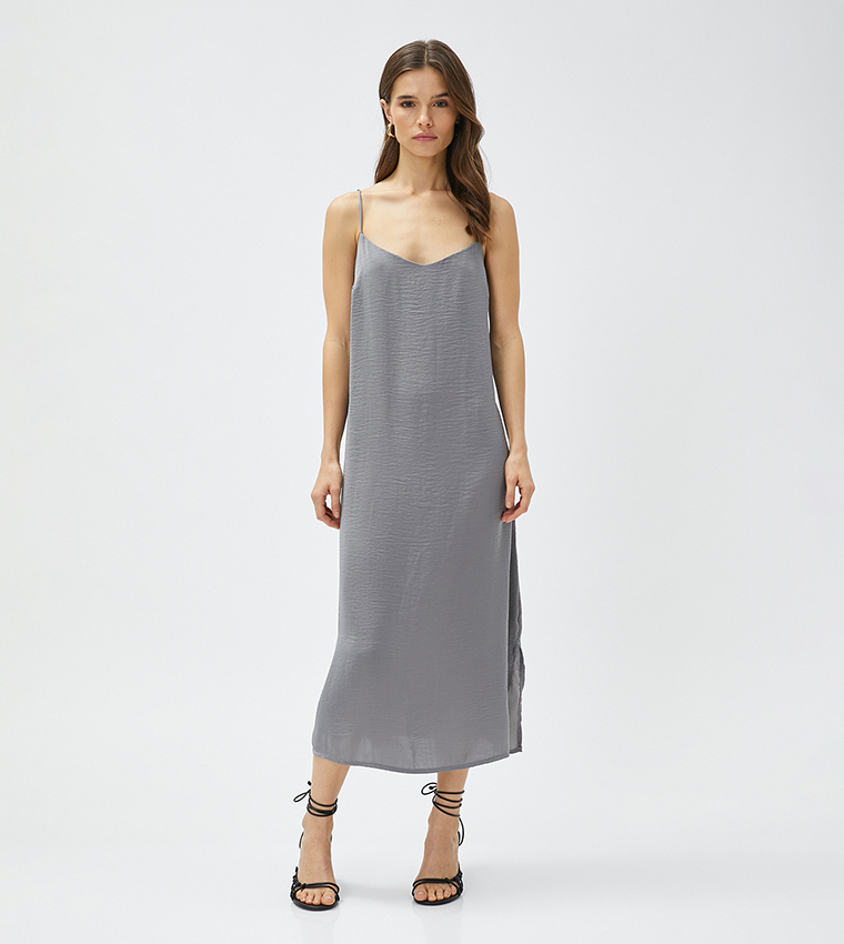 Adjustable Strappy Slit Midi Dress