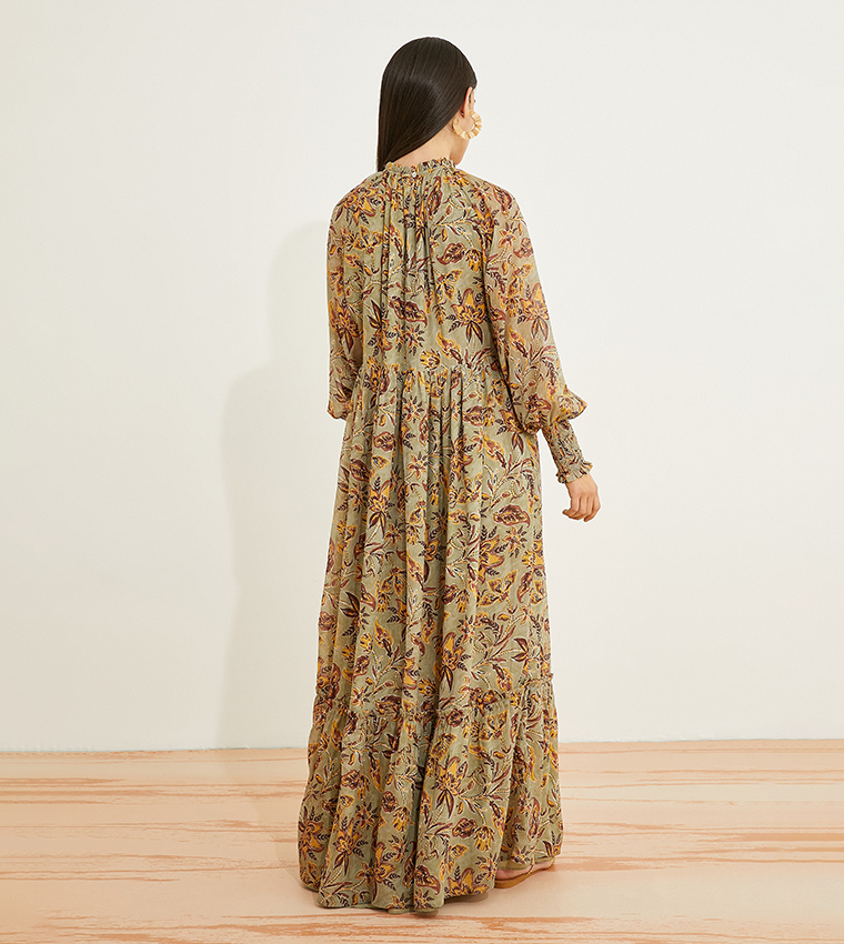 Floral Print Long Sleeves Maxi Dress