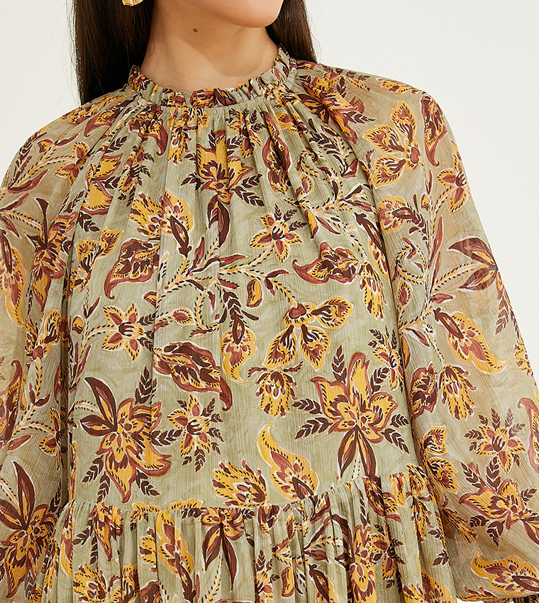 Floral Print Long Sleeves Maxi Dress