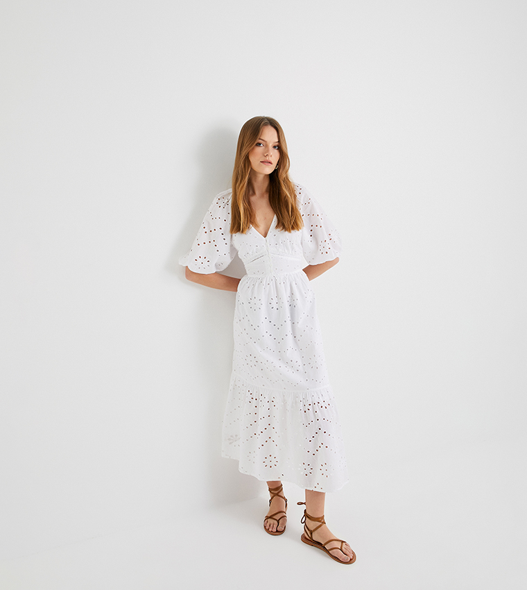 Puff Sleeves Broderie Maxi Dress