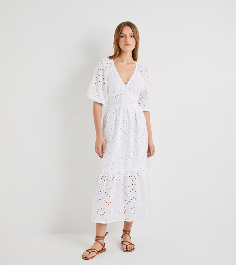 Puff Sleeves Broderie Maxi Dress