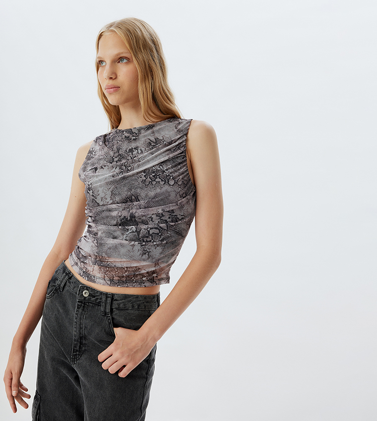 Patterned Ruched Sleeveless Top