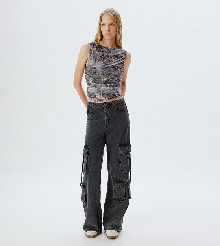 Patterned Ruched Sleeveless Top