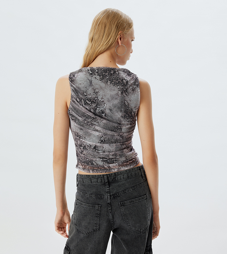 Patterned Ruched Sleeveless Top