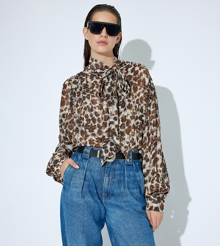 Animal Patterned Tie-Neck Top