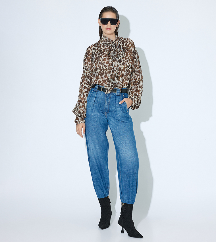 Animal Patterned Tie-Neck Top
