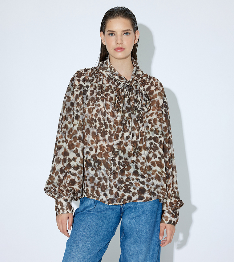 Animal Patterned Tie-Neck Top