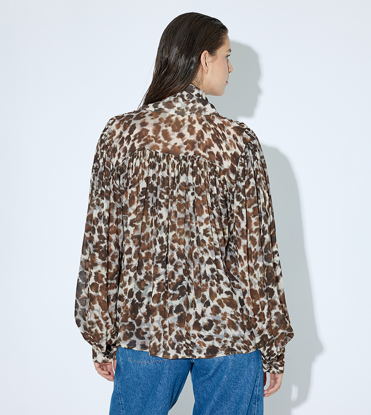 Animal Patterned Tie-Neck Top
