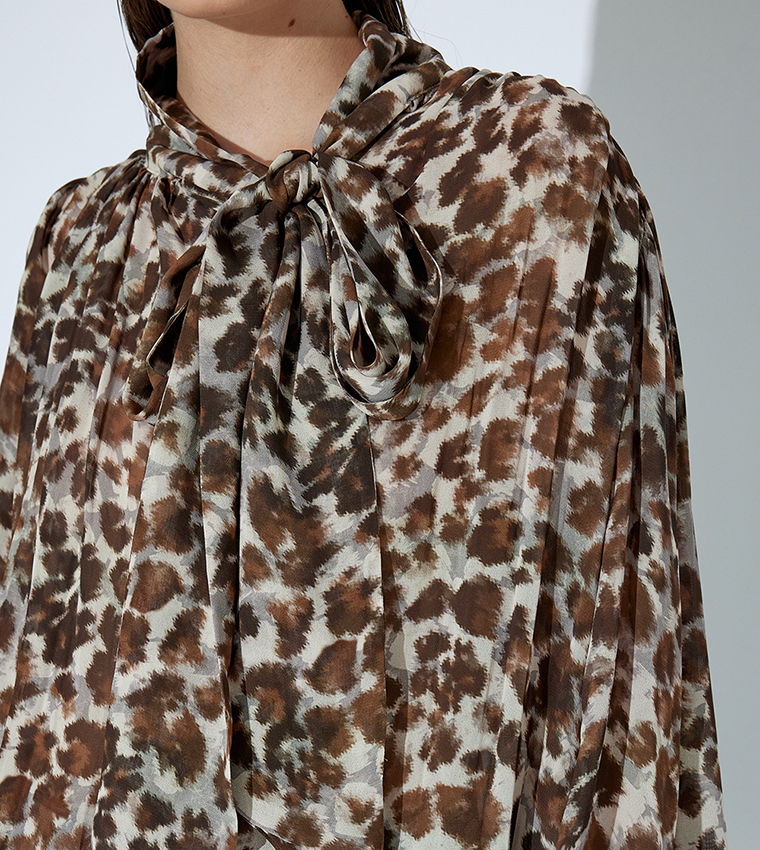 Animal Patterned Tie-Neck Top