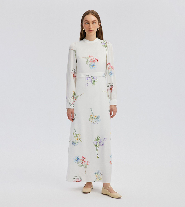 Floral Patterned Long Sleeves Maxi Dress
