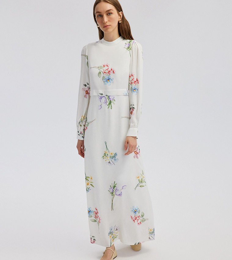 Floral Patterned Long Sleeves Maxi Dress