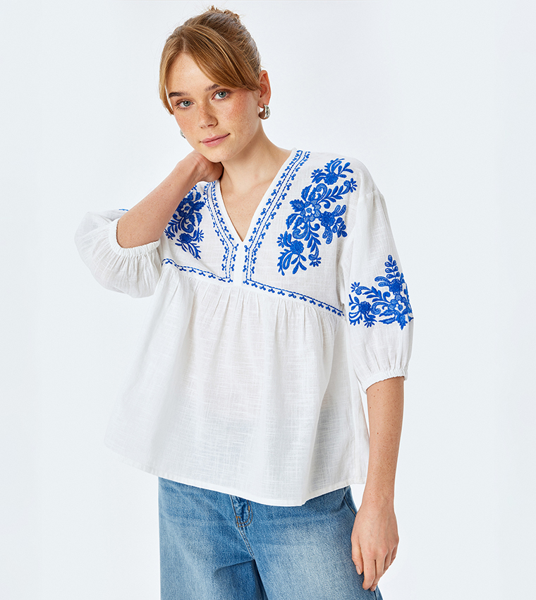 Embroidered V-Neck Top
