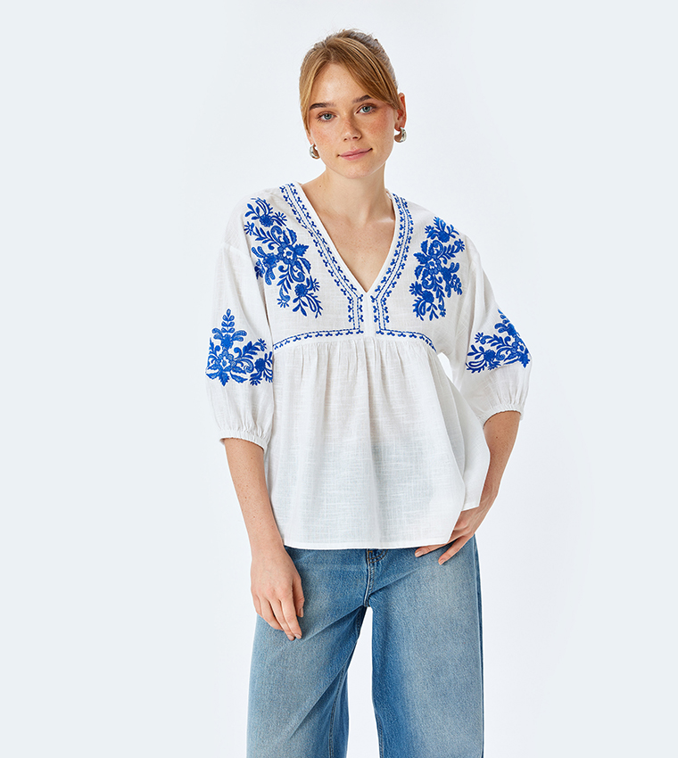 Embroidered V-Neck Top