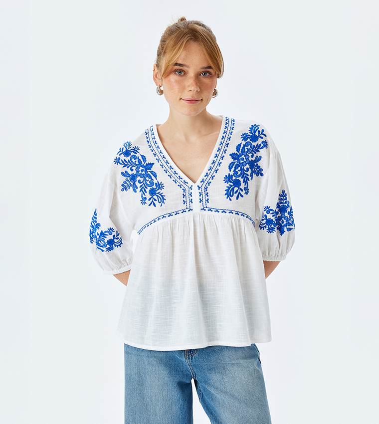 Embroidered V-Neck Top