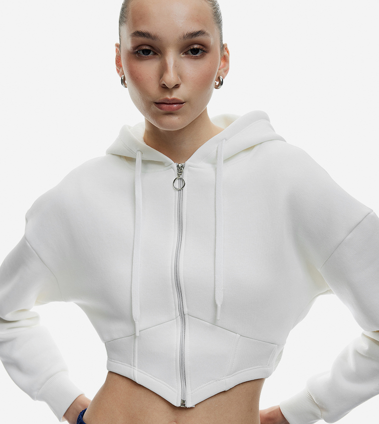 Zippered Long Sleeves Hooded Crop Jacket