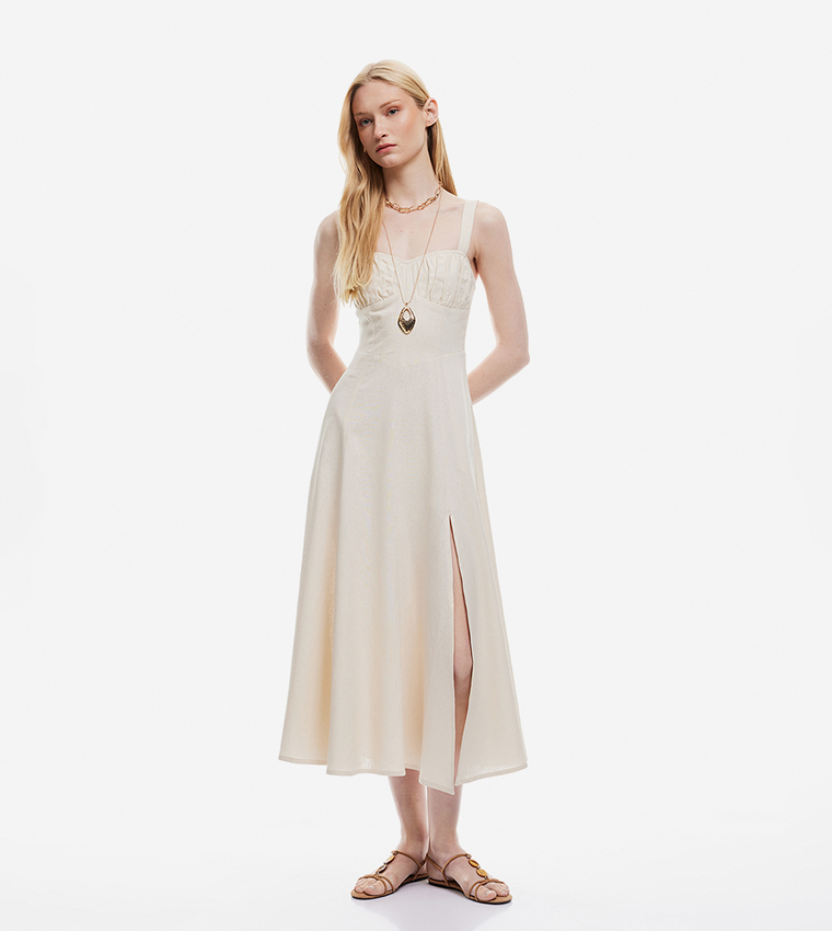 Ruched Sweetheart Neck Slit Maxi Dress
