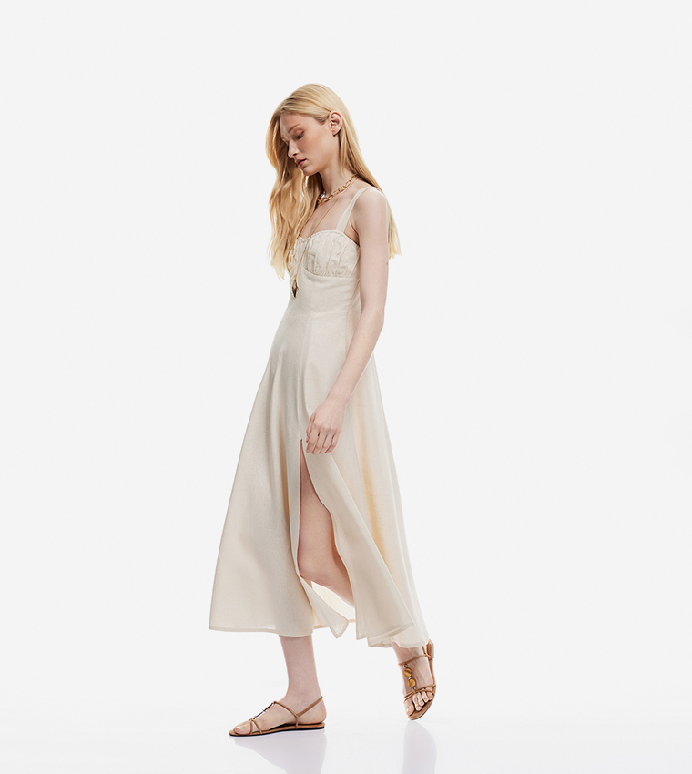 Ruched Sweetheart Neck Slit Maxi Dress