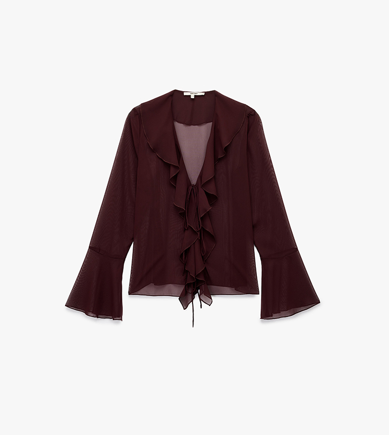 Solid Ruffle Trim V-Neck Top