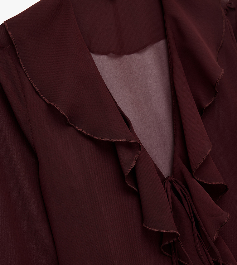 Solid Ruffle Trim V-Neck Top