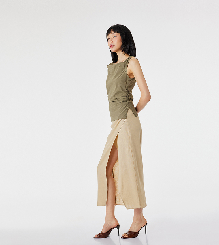 Solid Linen Wrap Midi Skirt