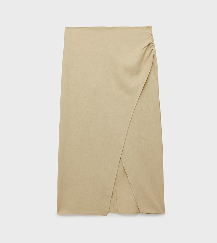 Solid Linen Wrap Midi Skirt