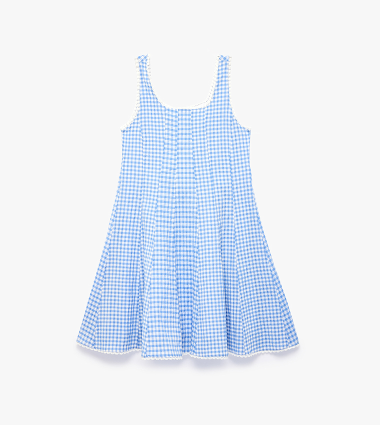 Check Square Neck A-Line Mini Dress
