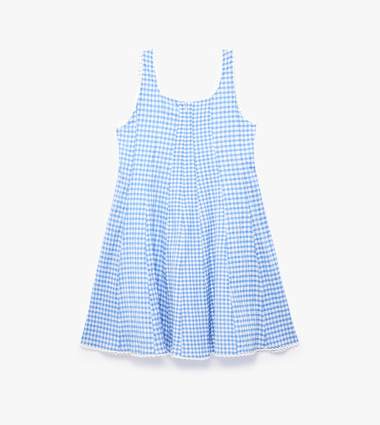 Check Square Neck A-Line Mini Dress