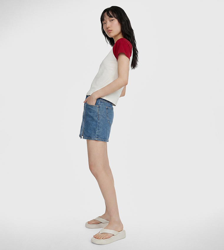 Solid Elastic Waist Denim Skort