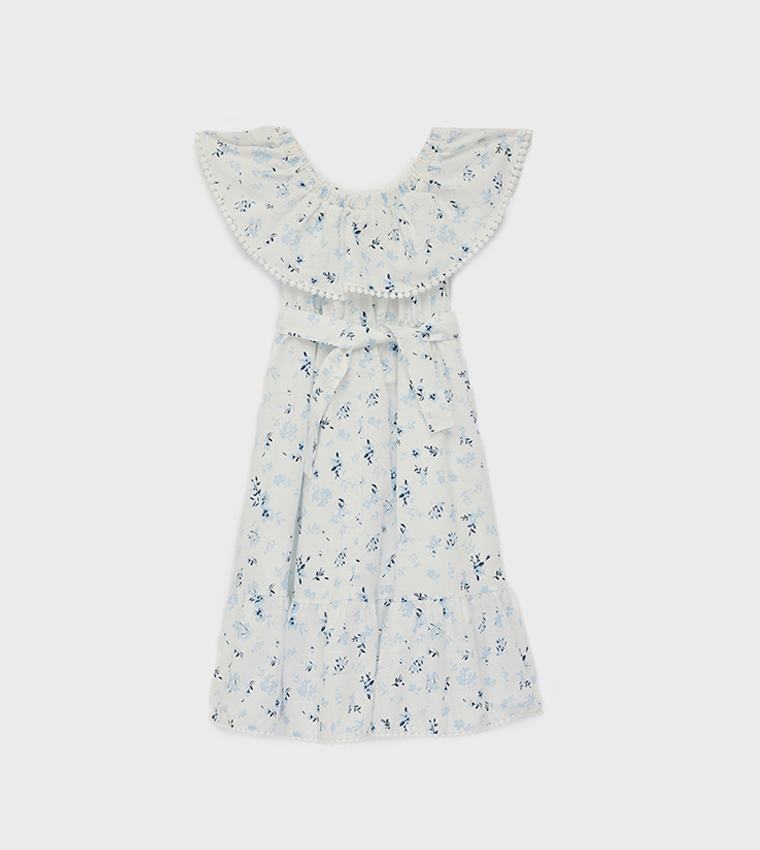 Floral Off Shoulder Short Sleeves Cotton A-Line Dress