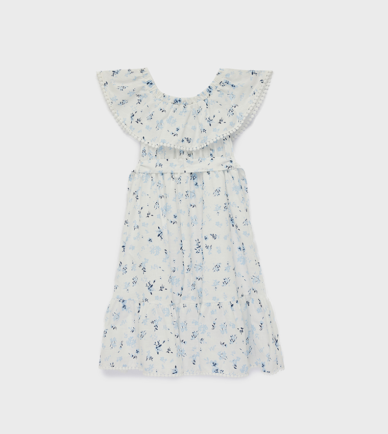 Floral Off Shoulder Short Sleeves Cotton A-Line Dress
