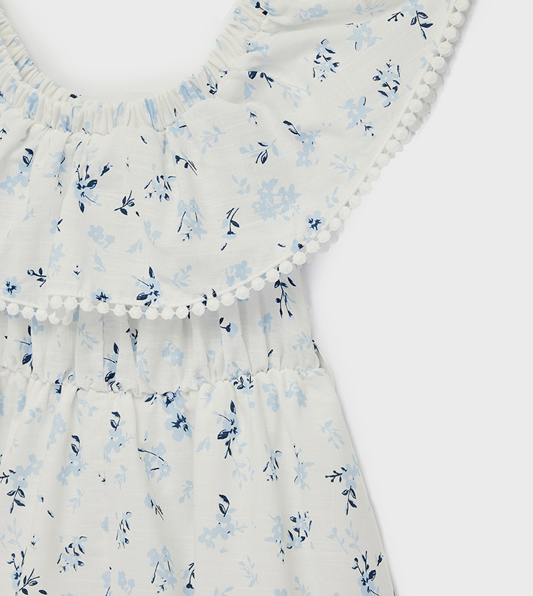 Floral Off Shoulder Short Sleeves Cotton A-Line Dress