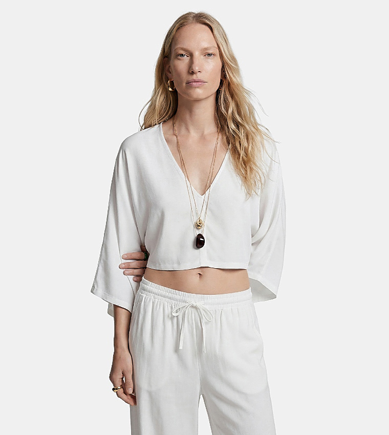Solid V-Neck Batwing Cropped Top
