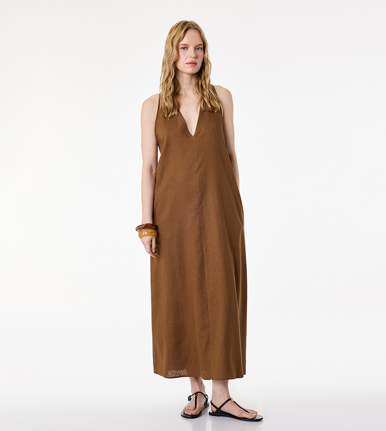 Solid V Neck Midi Dress