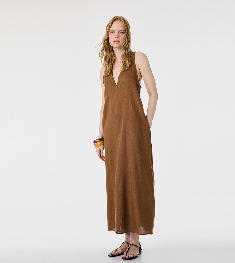 Solid V Neck Midi Dress
