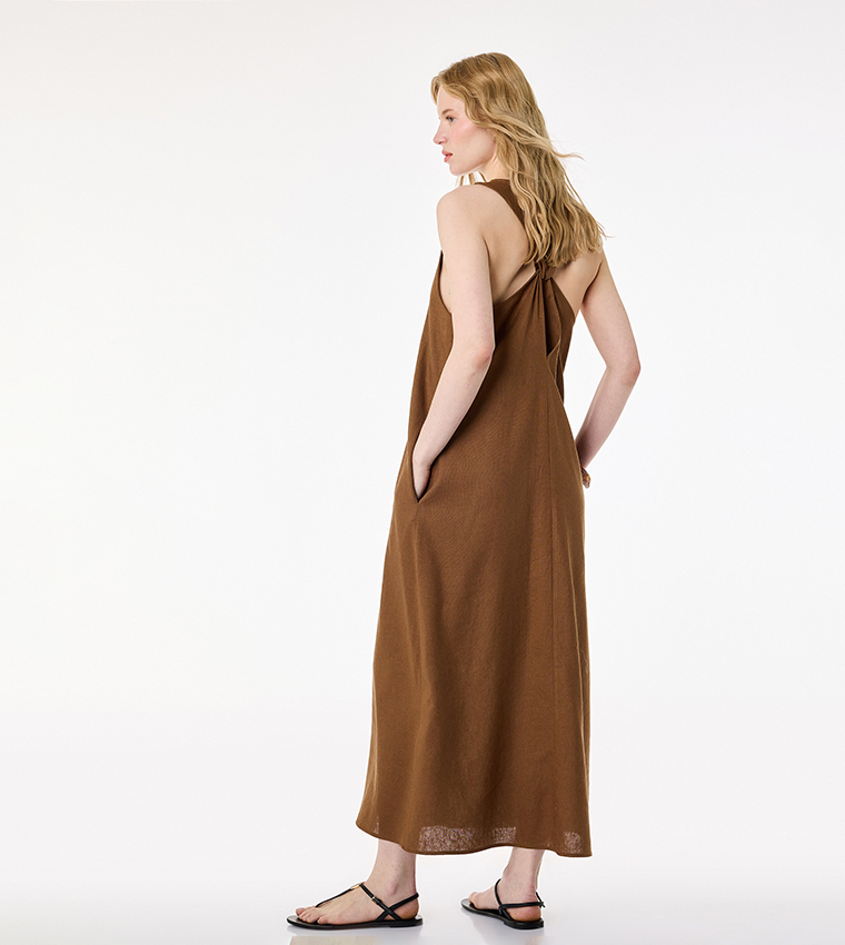 Solid V Neck Midi Dress