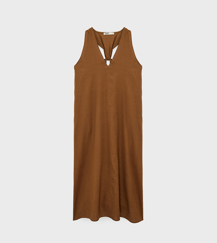 Solid V Neck Midi Dress
