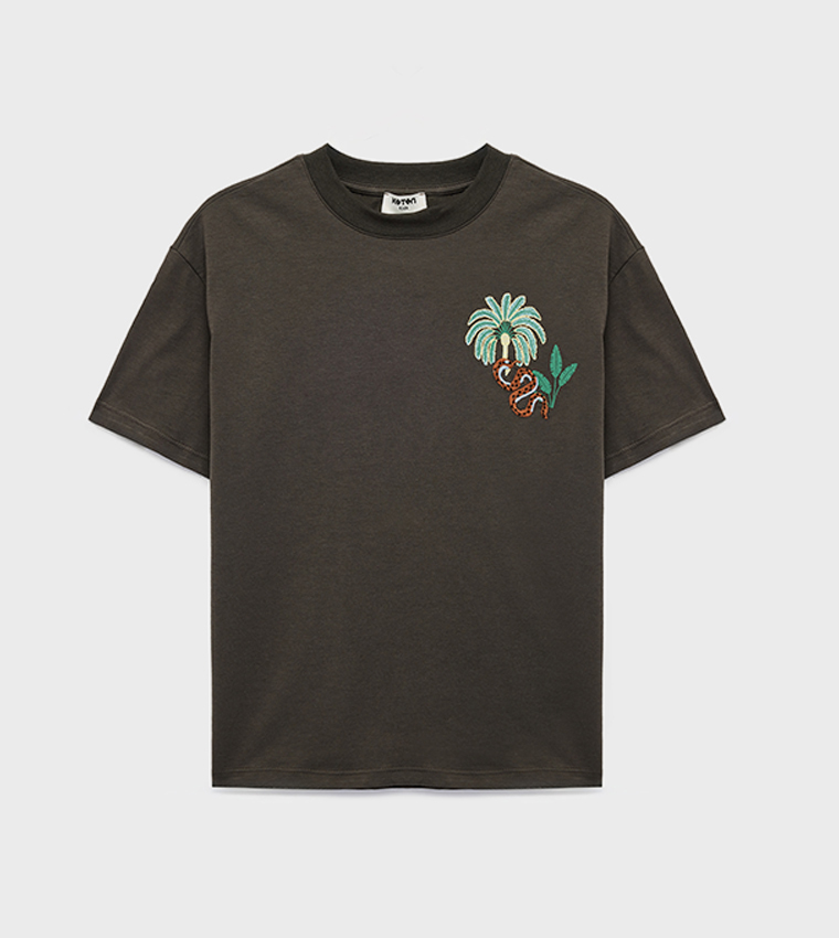 Embroidered Crew Neck Cotton T-Shirt