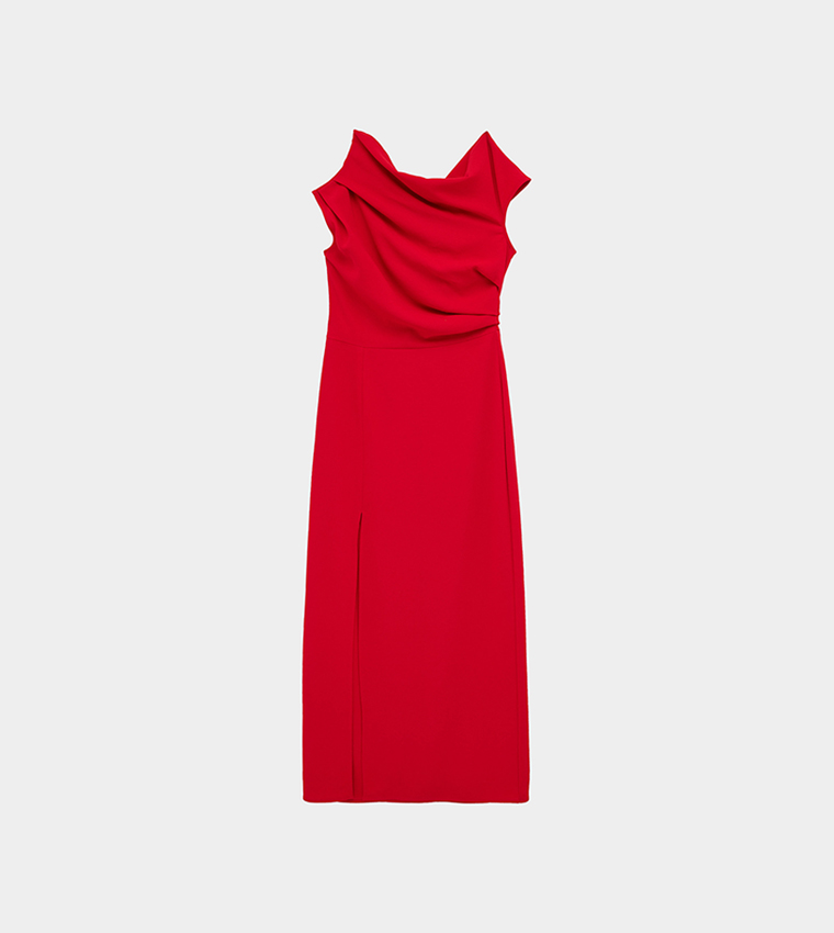 Draped Asymmetric Shoulder Midaxi Dress