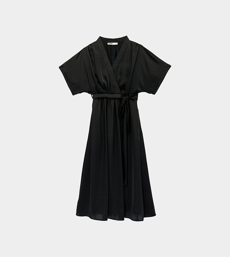 Tie Detail V-Neck Midi Satin Dress