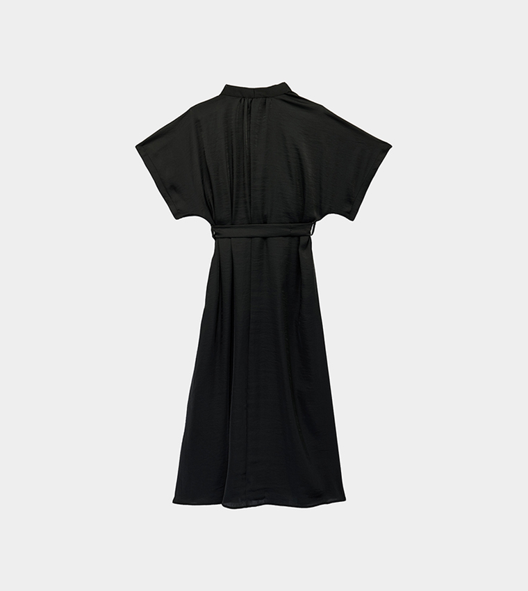 Tie Detail V-Neck Midi Satin Dress