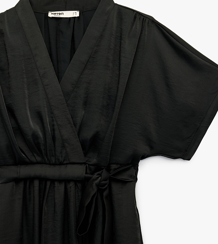 Tie Detail V-Neck Midi Satin Dress