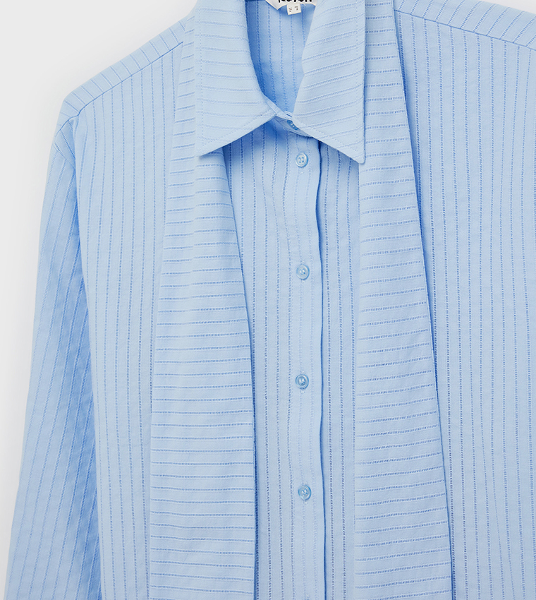 Striped Long Sleeves Scarf Neck Shirt