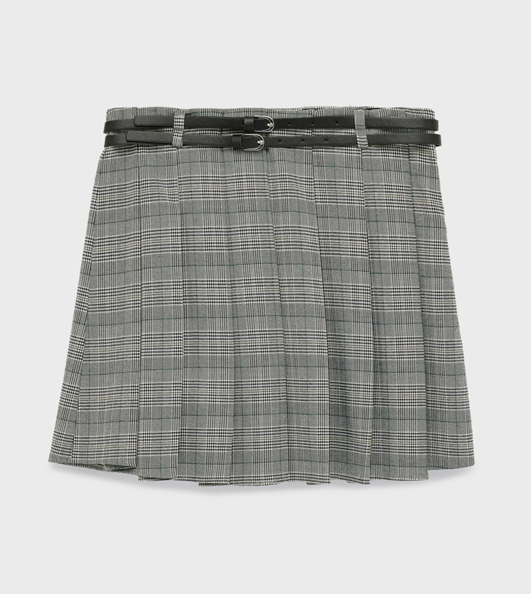 Plaid Belted Mini Skirt