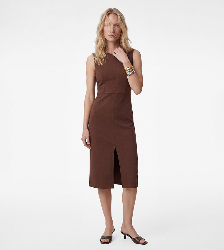 Solid Front Slit Sheath Midi Dress