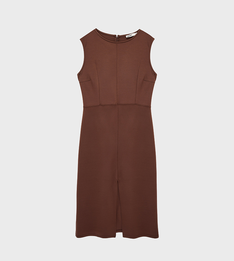 Solid Front Slit Sheath Midi Dress