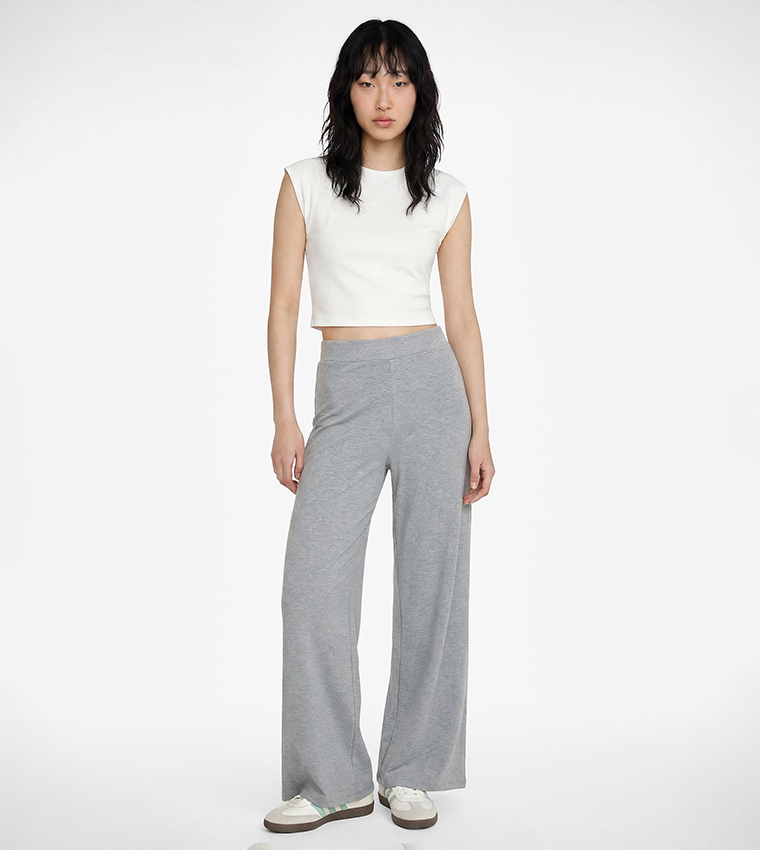 Solid High Rise Wide Leg Trousers