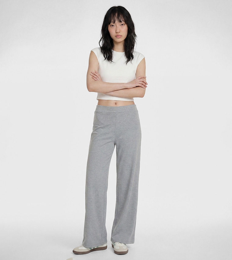 Solid High Rise Wide Leg Trousers