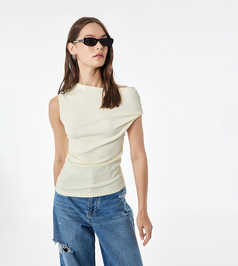 Solid Asymmetric Draped Sleeveless Top