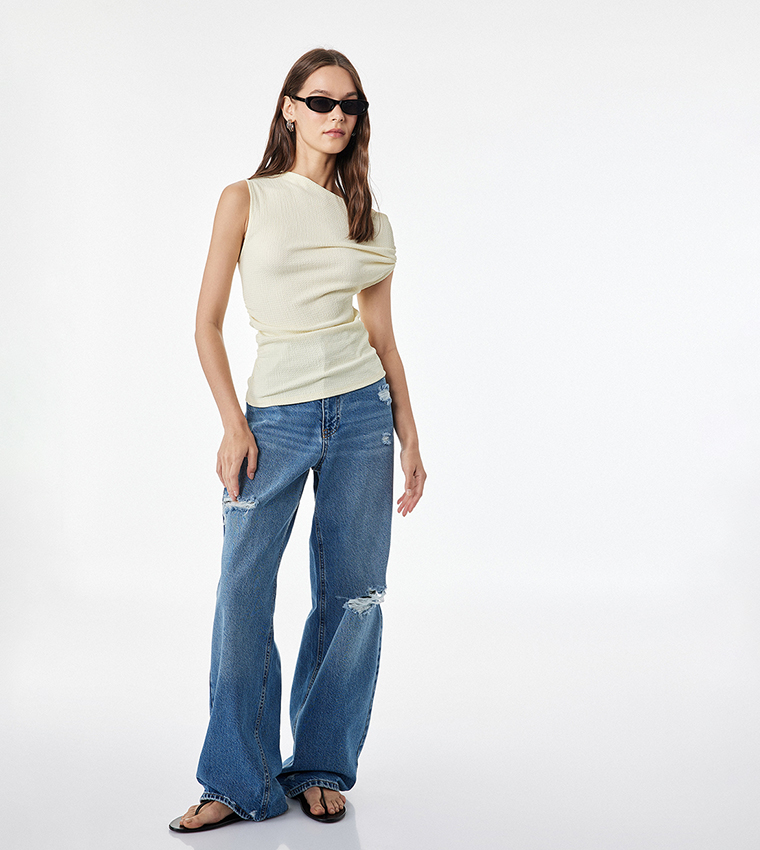 Solid Asymmetric Draped Sleeveless Top