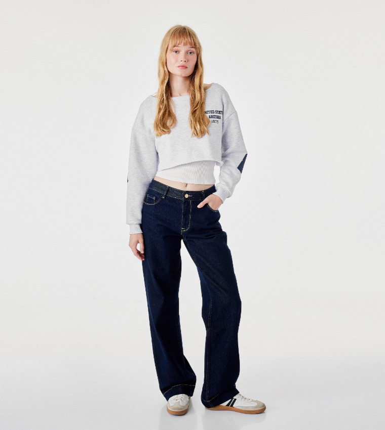 Typography Crew Neck Oversized Crop Sweatshirt